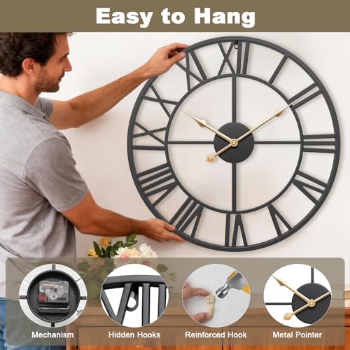 30 Inch Extra Giant Black Metal Roman Numeral Large Wall Clock - color: Black, size: 30 Inch