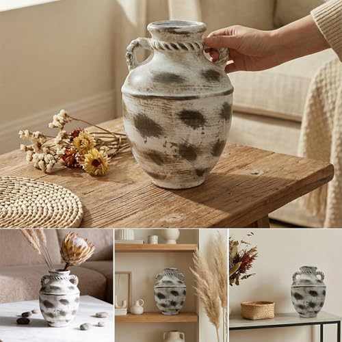 12 Inch Large Cermaic Vase, Rustic Farmhouse Flower Vase with Handmade Speckled Pottery, Brown Decorative vases for Table & Entryway Centerpiece Home Decor