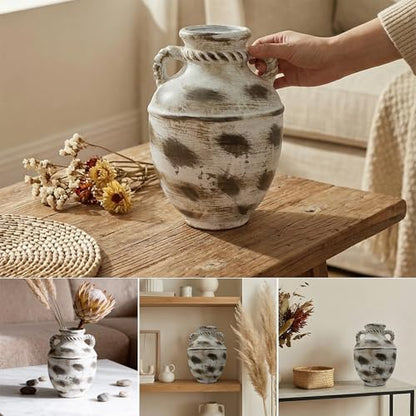 12 Inch Large Cermaic Vase, Rustic Farmhouse Flower Vase with Handmade Speckled Pottery, Brown Decorative vases for Table & Entryway Centerpiece Home Decor