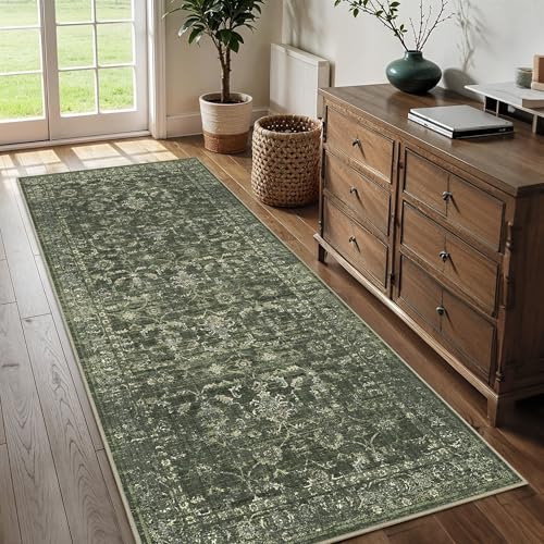 3x7 Washable Kitchen Runner Rug Non-Slip Boho Dark Green Throw Carpet - color: Dark Green, size: 3' x 7' (Runner)