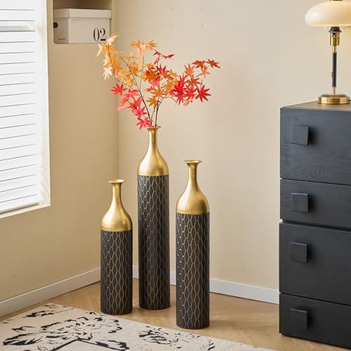Metal Tall Floor Vase Set of 3, Large Gold Vase Decorative Tall Stand Vases for Dried Flower, Modern Home Decor for Living Room, Hallway, Wedding Centerpiece, 24.8"/30.3"/34.2", Gilded Rhombus Black - color: Gilded Rhombus Black