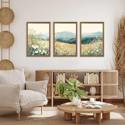 AVECCO 3 Pieces Wildflower Meadow Mountain Framed Canvas Wall Art 16x24 in - color: Mountain flowers, size: 24"L x 16"W