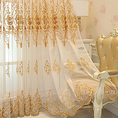 Amidoudou 1 Pair European Jacquard Sheer Curtains for Living Room Bedroom Luxury Embroidered Tulle Curtains (Gold,52x90 Inch) - color: Gold, size: 52"W x 90"L (Pack of 2)