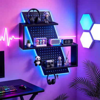 S-Shaped Gaming Floating Shelf with LED Light Strip, 3 Tier Wall Floating Shelf with Pegboard & 4 Removable Hooks, for Bedroom, Game Room, Living Room, Study, Black 999BKSDBJ180 - color: Black