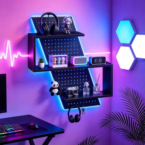 S-Shaped Gaming Floating Shelf with LED Light Strip, 3 Tier Wall Floating Shelf with Pegboard & 4 Removable Hooks, for Bedroom, Game Room, Living Room, Study, Black 999BKSDBJ180 - color: Black