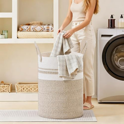 58L Tall Cotton Rope Laundry Basket with Handles, White & Brown - color: Brown & White, size: 58L