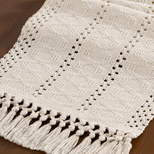 Beige Woven Table Runner Cotton Linen Boho with Tassels 11"×72" - color: Beige, size: 11" × 70"