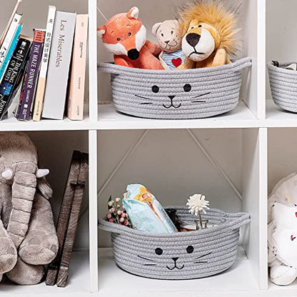 Small Woven Rope Cat Toy Basket with Cat Face Design, Grey - color: Gray, size: 9.8"W x 4"H
