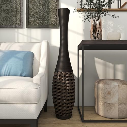 Deco 79 Faux Seagrass Decorative Vase Tall Woven Floor Centerpiece Vase with Dark Brown Wrapped Neck, Vase for Home Decoration 12" x 12" x 48", Brown