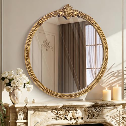 36x36 Inches Vintage Gold Round Wood Mirror - color: G1 - Round - 36x36 in