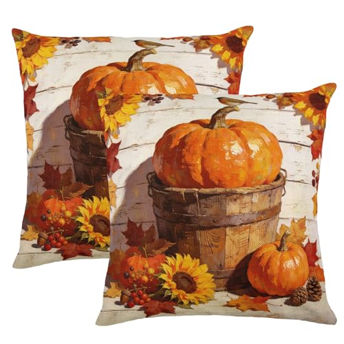 Pumpkin in Wooden Bucket Sunflower Maple Leaf Oil Painting Throw Pillow Covers 18x18 Set of 2, Vintage Farmhouse Fall Linen‑Textured Cushion Cases, Thanksgiving Harvest Home Sofa Decor Pillowcases - color: Brown, Orange, Yellow