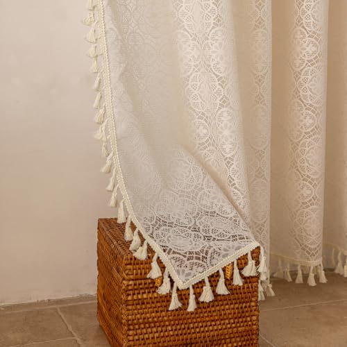 Sheer Boho Lace Curtains 72 Inches Long, Beige, Set of 2 Panels - color: Beige, size: 59"W x 72"L (Pack of 2)