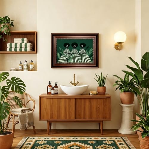 Dark Brown Framed Green White Striped Black Woman Wall Art 12x16 in - color: 3Green Abstract Woman, size: 16"L x 12"W
