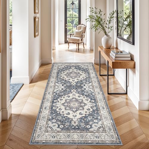 Kitchen Washable 3x6 Runner Rug: Non-Slip Stain Resistant Wide Carpet Light Weight Thin Rugs for Hallway Entryway Bathroom Bedside Soft Low-Pile Mat for Family with Cats & Dogs Home Decor (3x6,Blue) - color: Blue, size: 3' x 6' (Rectangular)