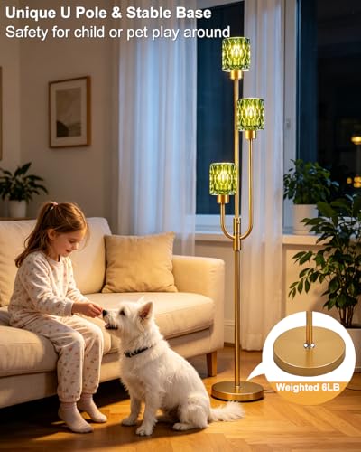 66IN Glass Floor Lamp 3-Light Modern Green Glass Gold Dimmable Floor Lamps - color: Green Cylinder-Gold