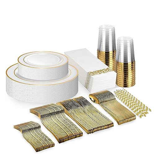 Neatiffy 225 Pcs Gold Rim Plastic Dinnerware Set (25 Guest) | 25 x (Dinner Plate, Dessert Plate, Gold Plastic Silverware, Cup, Napkin, Straw) | For Wedding, Luxurious Party, Special Event - color: Gold