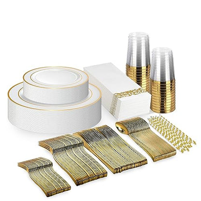 Neatiffy 225 Pcs Gold Rim Plastic Dinnerware Set (25 Guest) | 25 x (Dinner Plate, Dessert Plate, Gold Plastic Silverware, Cup, Napkin, Straw) | For Wedding, Luxurious Party, Special Event - color: Gold