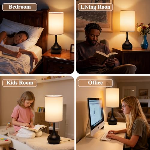 ONEWISH Touch Bedside Lamp for Bedroom, 3-Way Dimmable Table Lamps for Nightstand, White Fabric Shade Desk Lamp for Kids Reading, Living Room, Home Office - color: White Linen Drum Shade & Black Base