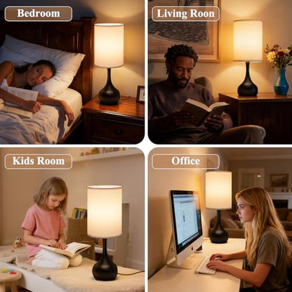 ONEWISH Touch Bedside Lamp for Bedroom, 3-Way Dimmable Table Lamps for Nightstand, White Fabric Shade Desk Lamp for Kids Reading, Living Room, Home Office - color: White Linen Drum Shade & Black Base
