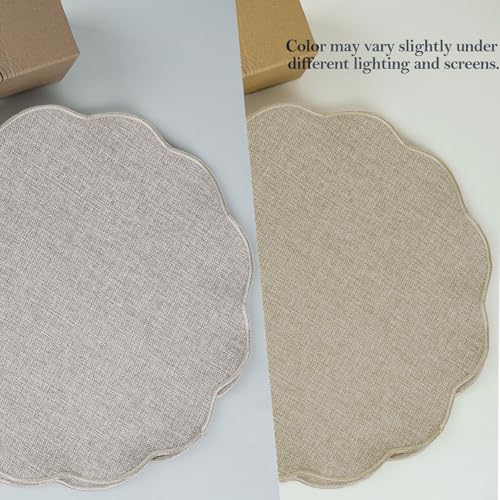 AHHFSMEI Round Scalloped Placemats Set of 6 15 Inch Faux Linen - color: Linen Beige