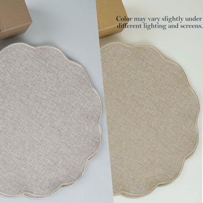 AHHFSMEI Round Scalloped Placemats Set of 6 15 Inch Faux Linen - color: Linen Beige