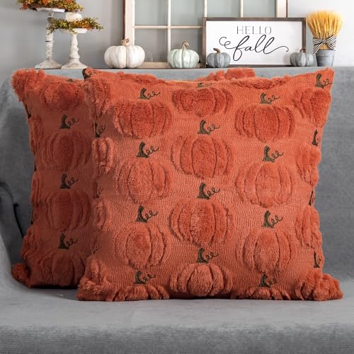 Fall Pumpkin Pillow Covers 16x16 Set of 2 Rust Red Fall Farmhouse Decor - color: Dark Rust Red Pumpkin, size: 16" x 16" (Pack of 2)