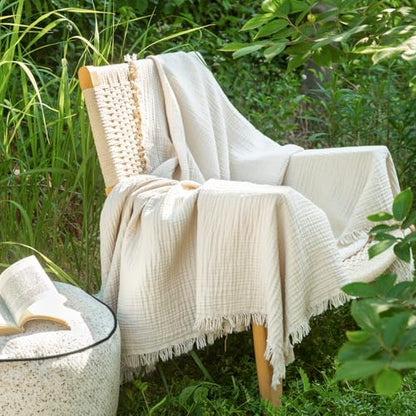 MooMee 100% Cotton Muslin Blanket, Fringed 4-Layer Gauze Bed Couch Throw - color: Beige, size: Throw