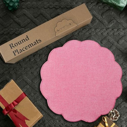 AHHFSMEI Round Scalloped Placemats Set of 6 15 Inch Faux Linen - color: Pink