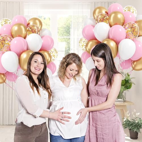60pcs Pink and Gold Balloons 12inch with Metallic Gold Confetti Balloons - color: Pink White Gold