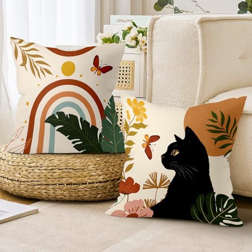18x18 Set of 4 Boho Black Cat Floral Throw Pillow Cushion Covers - size: 18" x 18" (Pack of 4)