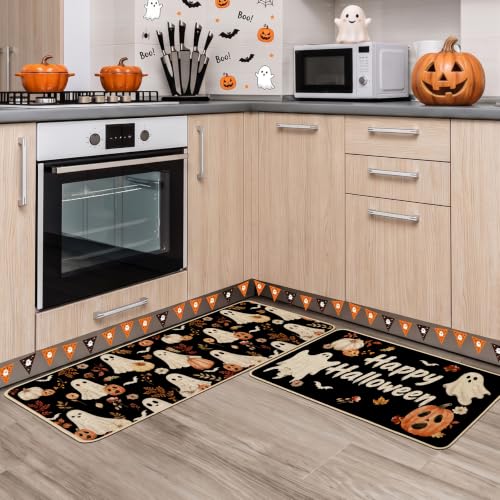 Baccessor Halloween Kitchen Rug Cute Ghost Set of 2,17x29 and 17x47 Inch - color: Cute Ghosts