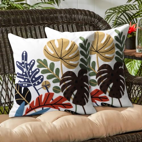 Pack of 2 Embroidered Throw Pillows Cover 18x18 Inch Decorative Pillowcase for Living Room Sofa Bed (Tropical Leaves) - color: Tropical Leaves