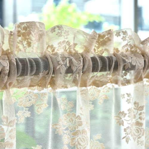Kotile Beige Lace Valance Curtain for Kitchen Window W52 x L18 Inch 1 Panel - color: Beige