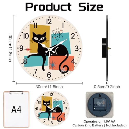 Cat Pattern Wall Clock Silent Non-Ticking 12" for Living Room Decor - color: Cat