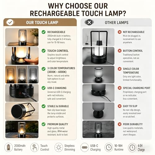 Rechargeable Crystal Table Lamp, 3-Color Touch LED, Black - color: Black