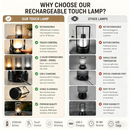 Rechargeable Crystal Table Lamp, 3-Color Touch LED, Black - color: Black
