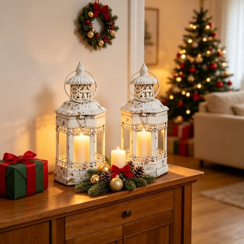 Set of 2 White Distressed Metal Lanterns, Vintage Farmhouse Rustic Hanging Candle Holders, Decorative Wind Lights for Christmas Mantel Tabletop - color: White - Set of 2