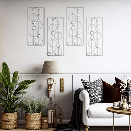 Hicarer 4 Pcs Abstract Silver Wall Art for Home Decoration Metal Bling