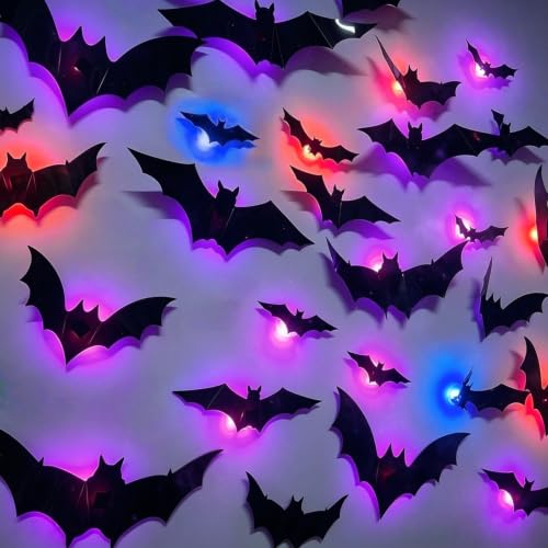 12 Pack Halloween Bats Halloween Decorations LED Bats Wall Decor Indoor - color: Purple, Blue&Red