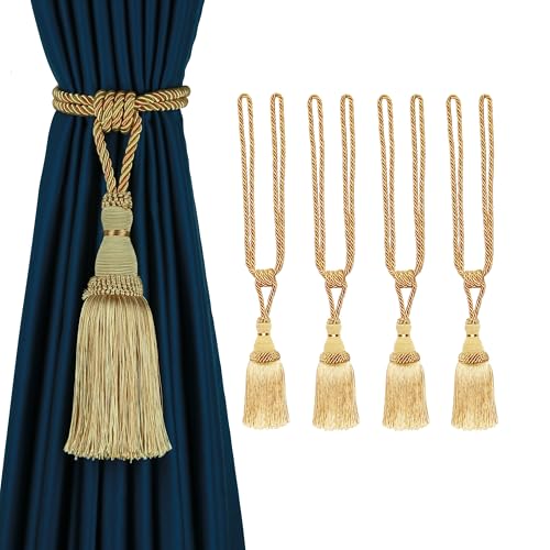 BEL AVENIR 4 Pack Curtain Tiebacks Tassel Drapery Tie-Backs Rope Holdbacks - color: Gold, size: 4 Pack