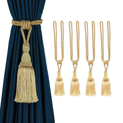 BEL AVENIR 4 Pack Curtain Tiebacks Tassel Drapery Tie-Backs Rope Holdbacks - color: Gold, size: 4 Pack