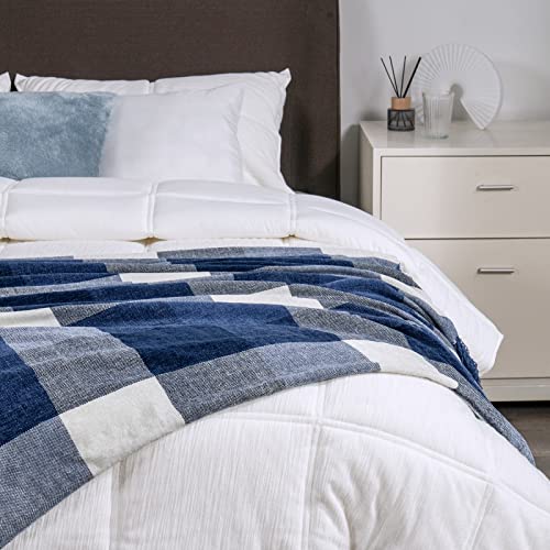RECYCO Buffalo Plaid Chenille Throw Blanket, 50"x60", Navy Off White - color: Plaid Navy Off White, size: 50'' X 60''