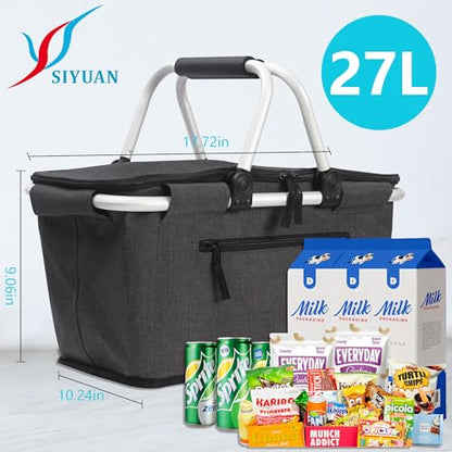 Picnic Basket, SIYUAN Collapsible Market Basket Insulted Cooler with Handles 27L Large Farmers Grocery Basket with Lid Portable Tote Bag, Black - color: Dark Black