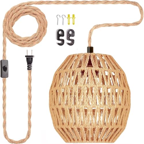Maliralt Hanging Lamps Rattan Pendant Light Hanging Lights 16.4ft Plug in Cord Pendant Light Fixture Plug Into Wall Outlet Pendant Lighting with On Off Switch for Bedroom Living (Egg Shade) - size: 7.3Inch-Egg Shade