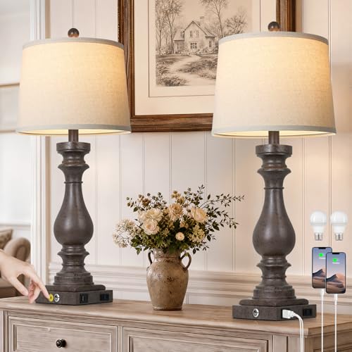 Cinkeda 29" Tall Farmhouse Table Lamp for Living Room Set of 2,Vintage Retro Nightstand Lamps with USB C+A Ports & AC Outlet,3-Way Dimmable Touch Bedside Lamp for Bedroom End Table,Earthy Tone - color: Earthy Tone