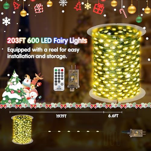 KNONEW 203FT 600LED Green Wire Outdoor Fairy Lights Plug in Warm White Xmas - color: Warm White, size: 203FT 600 LED Green Wire