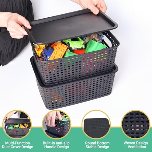 Ohmlove 8 Pack Plastic Storage Baskets with Lids for Organization - color: Black