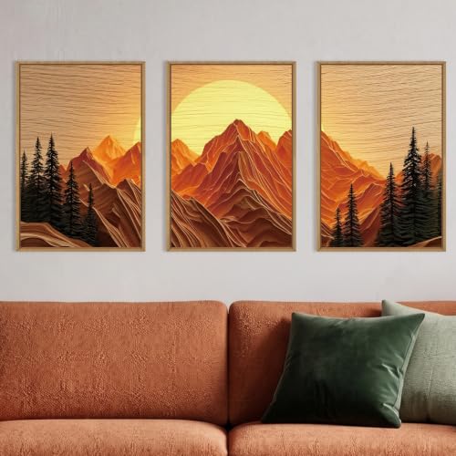 Celestdeco Large Boho Golden Mountain Framed Canvas Wall Art Set-16"x24"x3 | Abstract Ridge Landscape Wall Decor,Brown Sunset Art Prints,Natural Pine Tree Scenery Artwork for Living Room,Bedroom,Office - color: Sun Mountain Wall Art, size: 16"L x 24"W