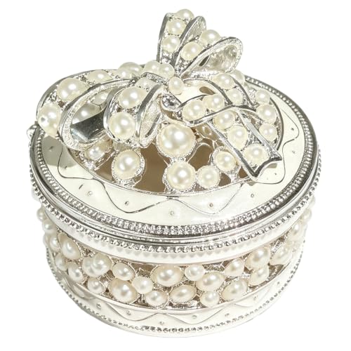 Metal Enamel Pearl Bow Jewelry Box Mini Trinket Storage Gift for Jewelry - color: Round