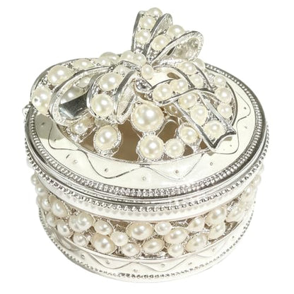 Metal Enamel Pearl Bow Jewelry Box Mini Trinket Storage Gift for Jewelry - color: Round